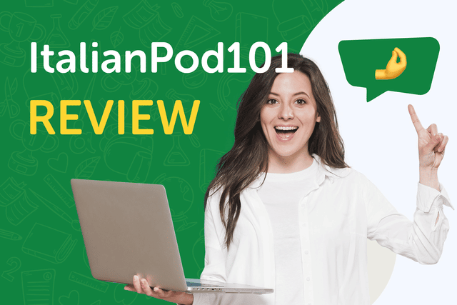 A woman with a laptop and a speech bubble containing an Italian hand gesture emoticon, superimposed with the text “ItalianPod101 Review”