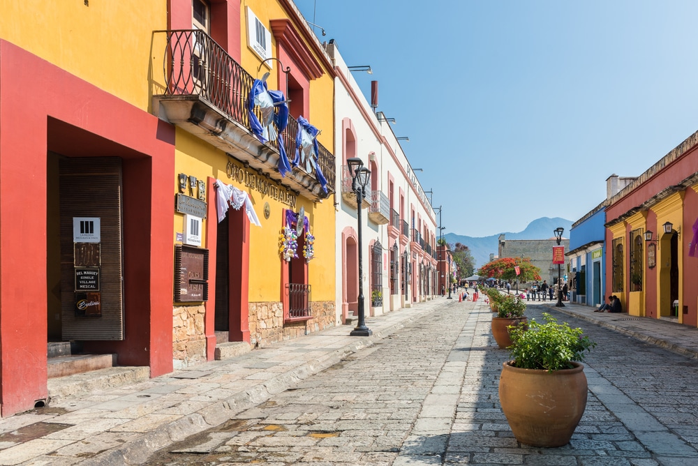 traditional Mexican town with red and yellow buildings