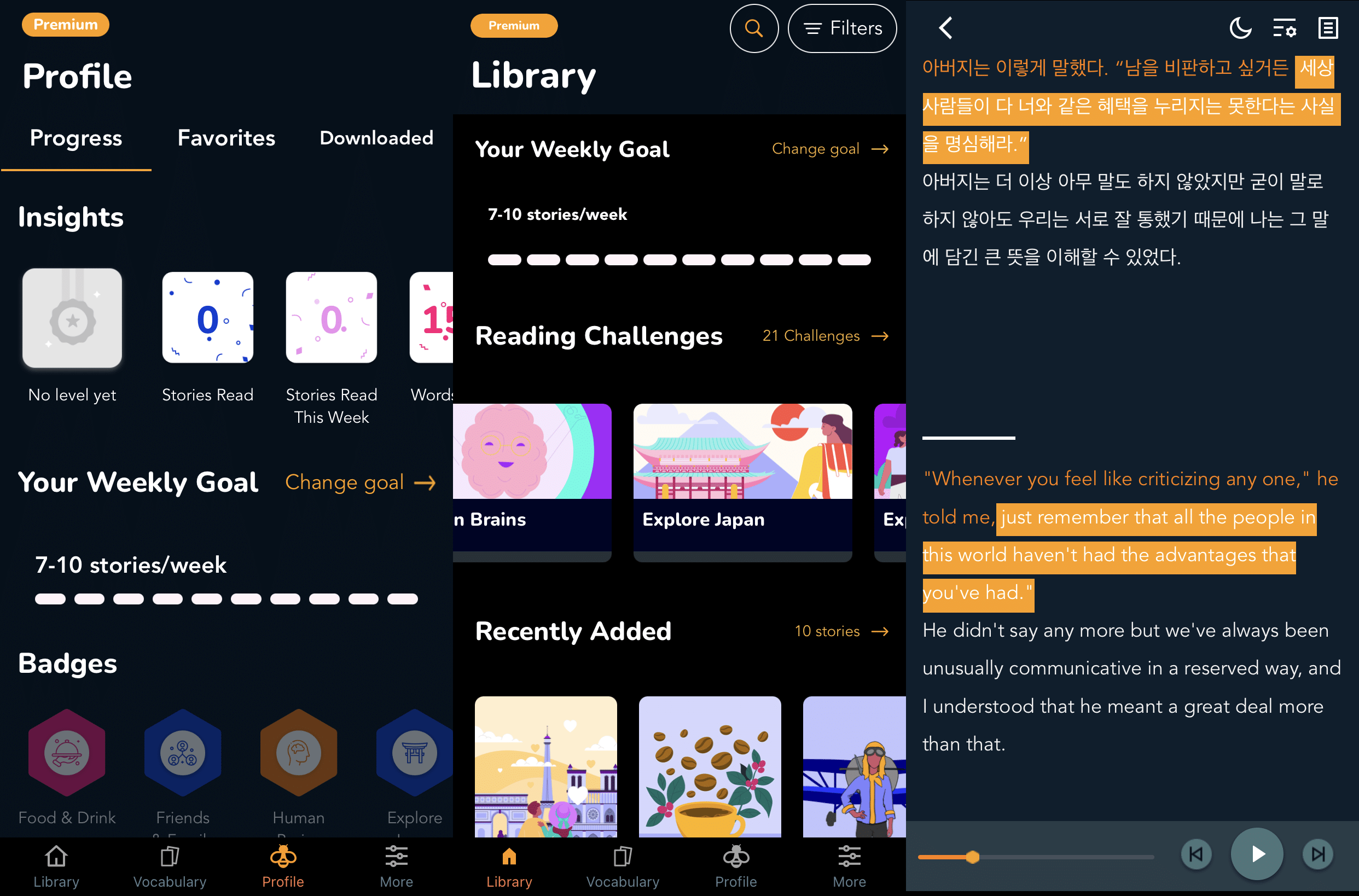 Beelinguapp profile, library, and side-by-side language learning