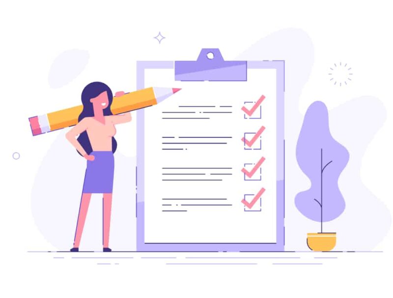 animated business woman holding a pencil checking off a checklist