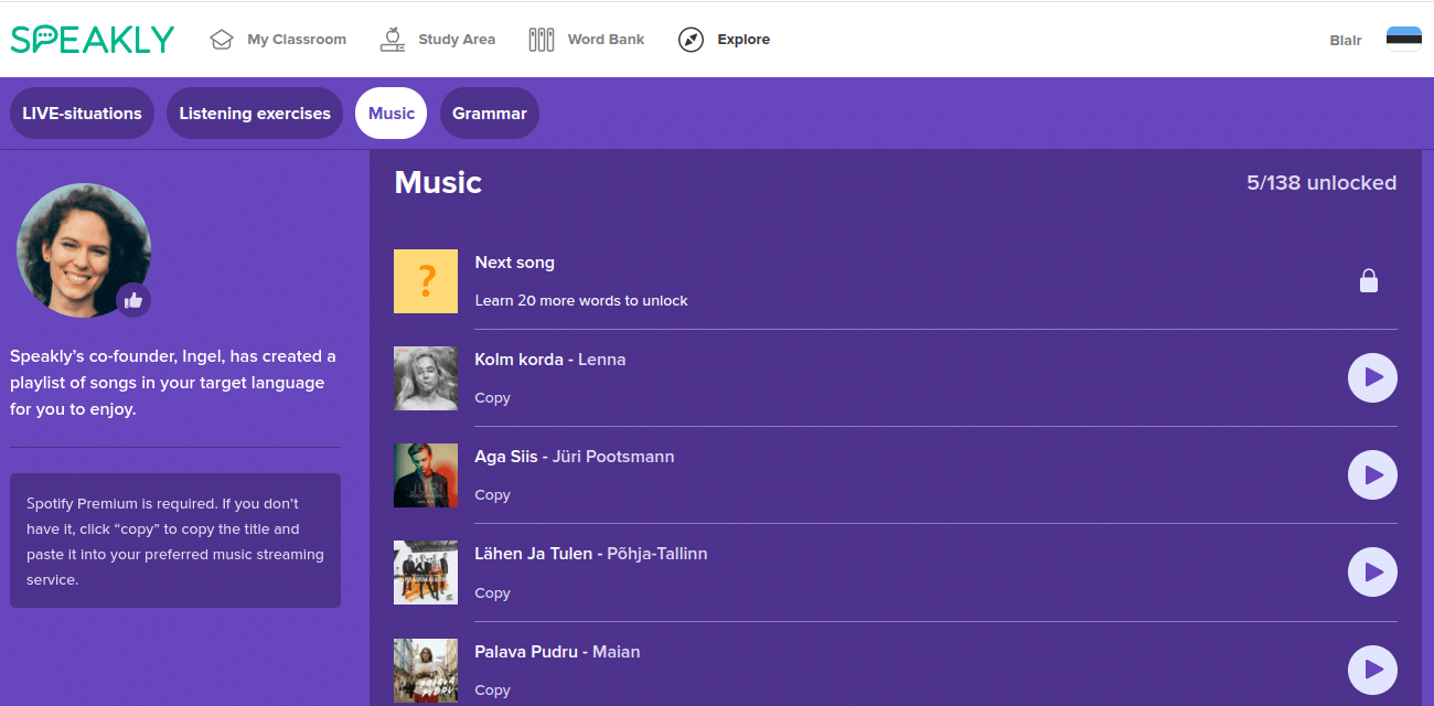 Music section on Speakly