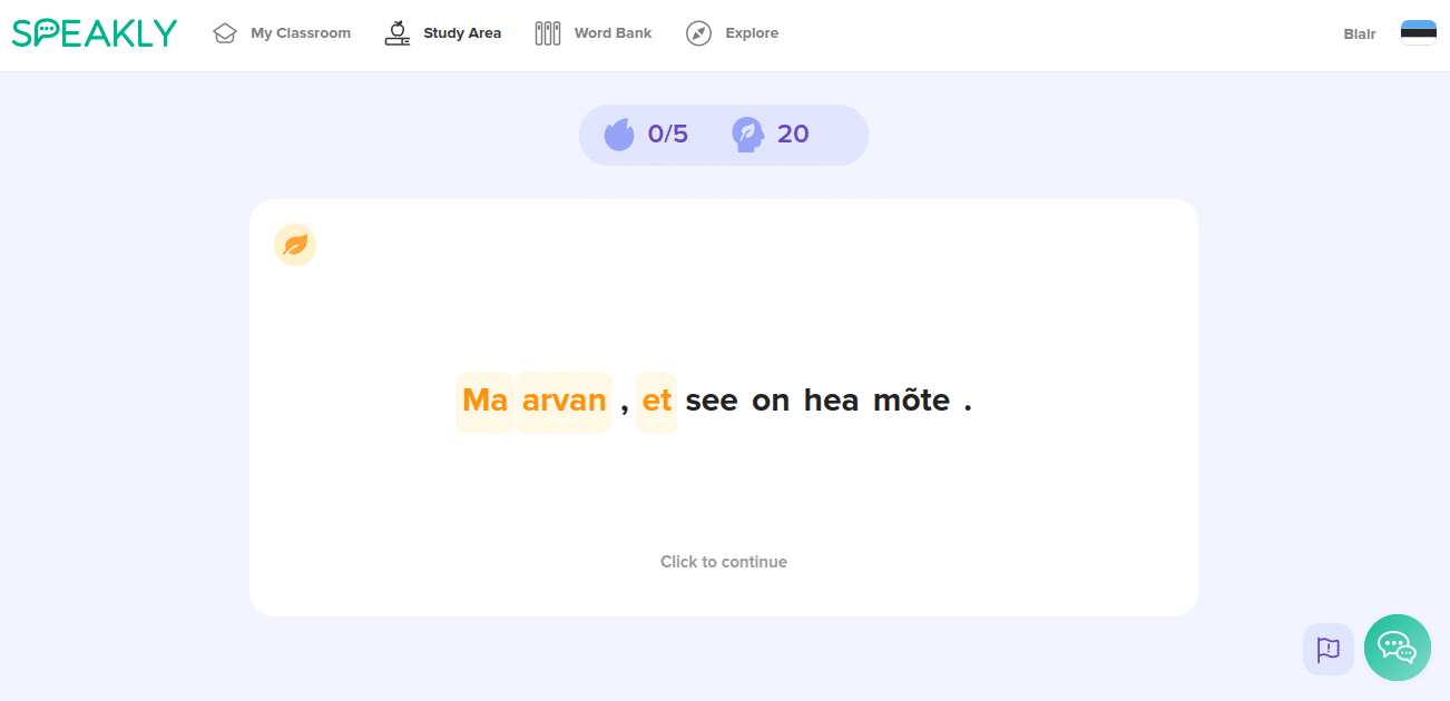 Screenshot of a new phrase in Speakly's Study Room section