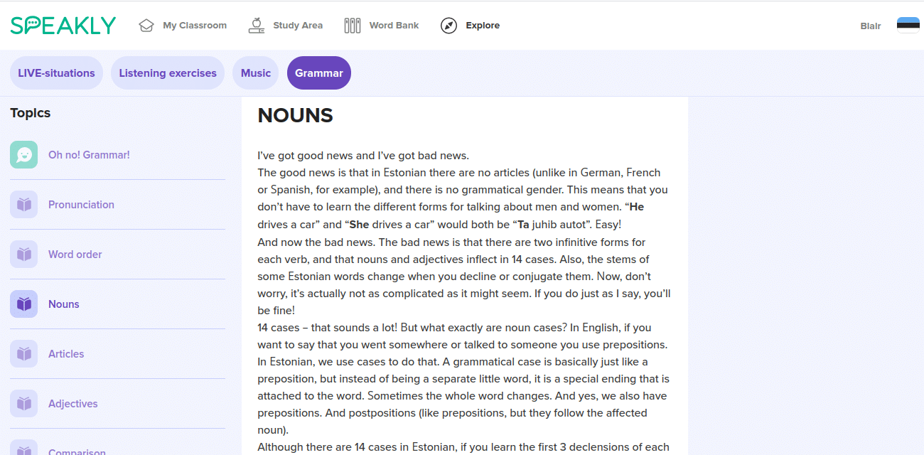 A description of Nouns in Estonian on the Speakly site