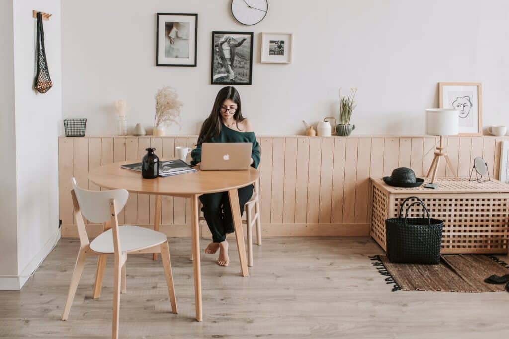 woman-on-laptop-in-minimalist-decor-living-room