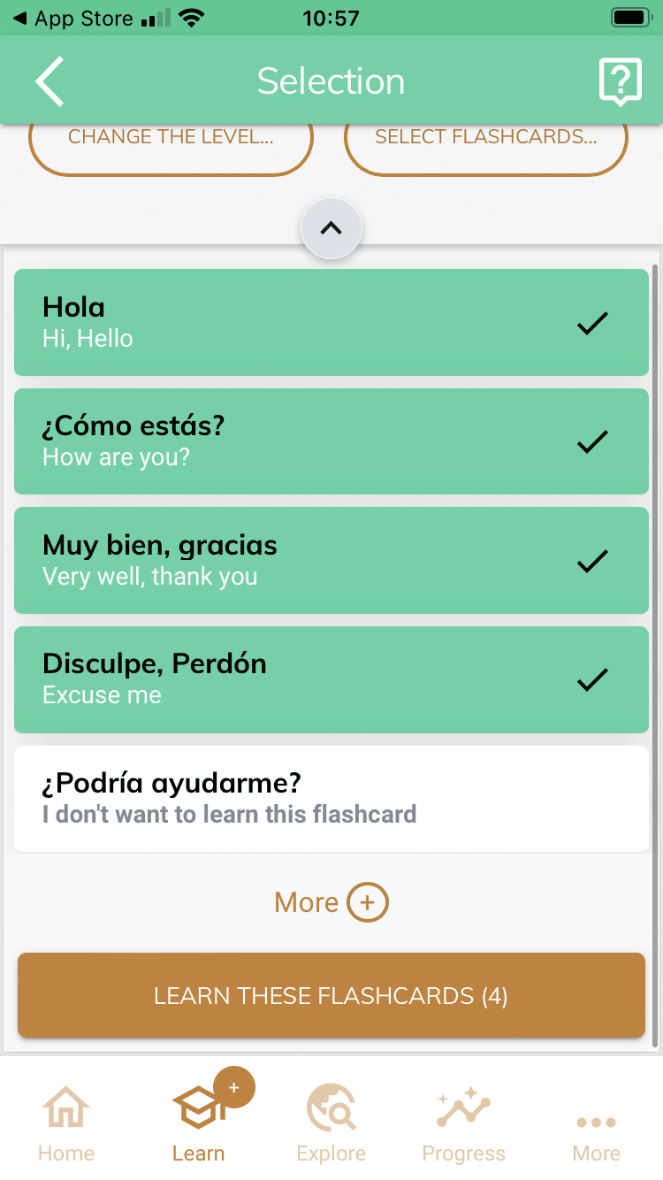 Screenshot of MosaLingua app's vocabulary flashcard learning section