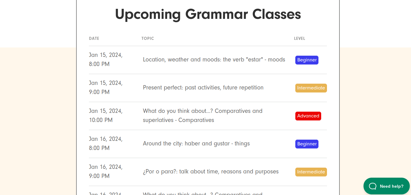 A screenshot of a list of upcoming grammar classes on Live Lingua's website