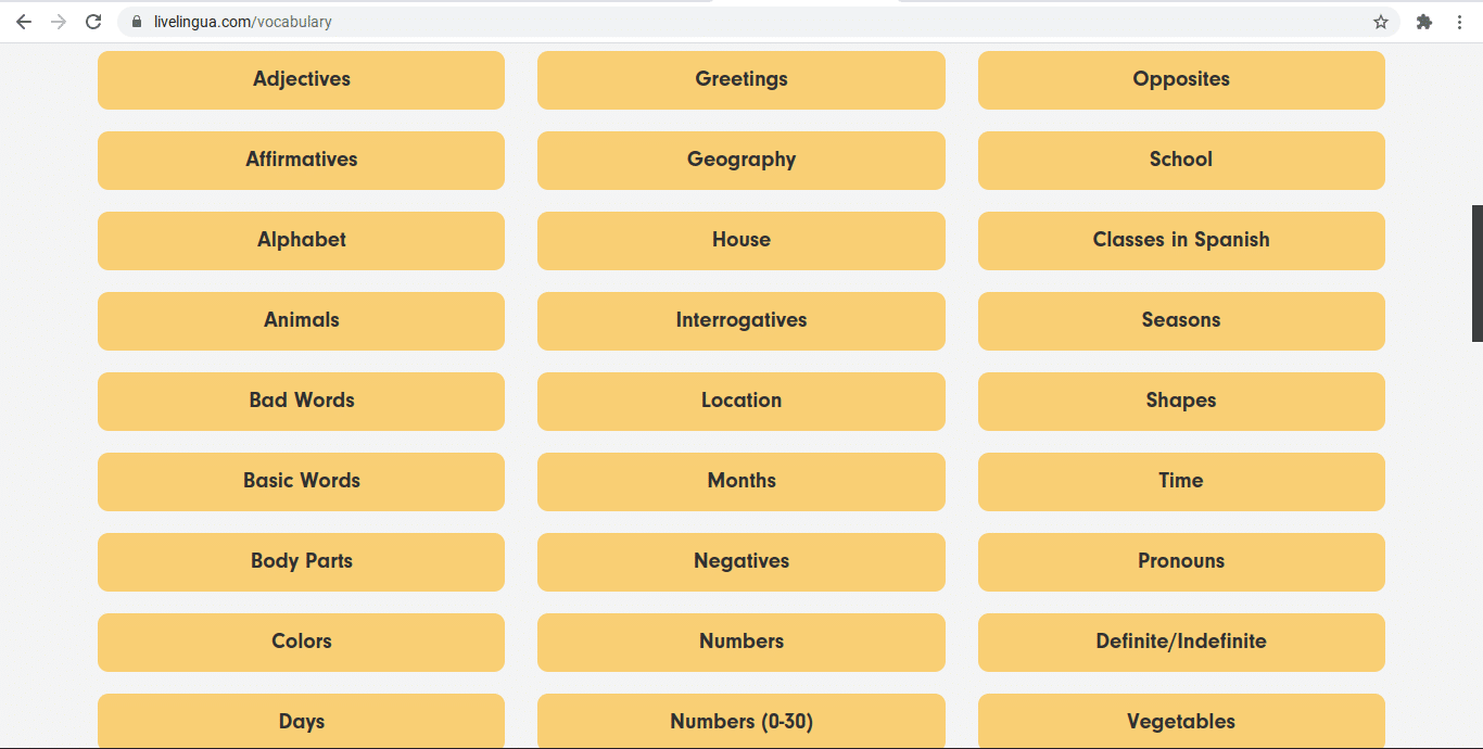 A screenshot of Live Lingua's Spanish vocabulary page