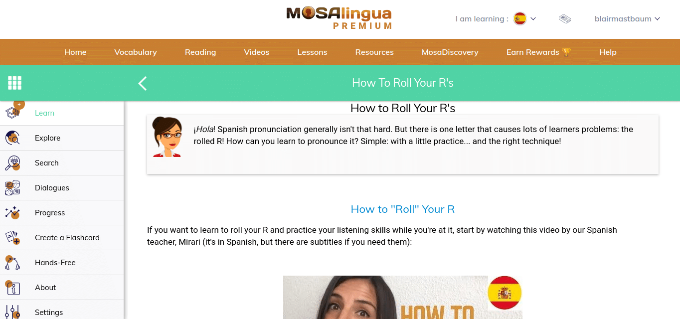 A screenshot of the grammar section of the MosaLingua website