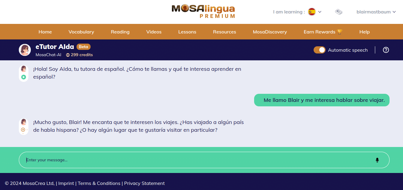 Screenshot of an AI chat session on MosaLingua