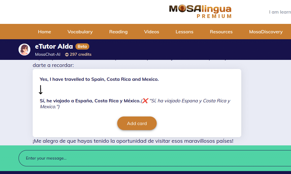 A screenshot of an AI tutor session on MosaLingua