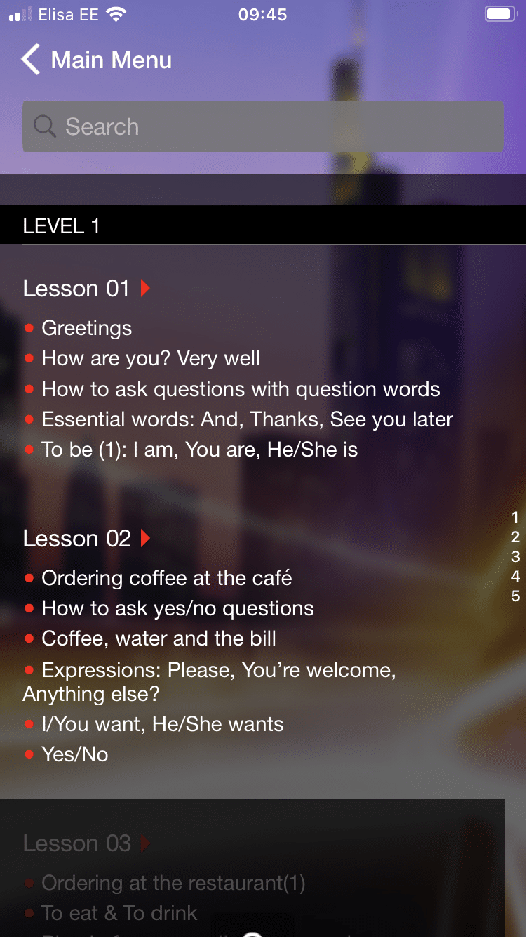 Screenshot of level descriptions on Fluenz app