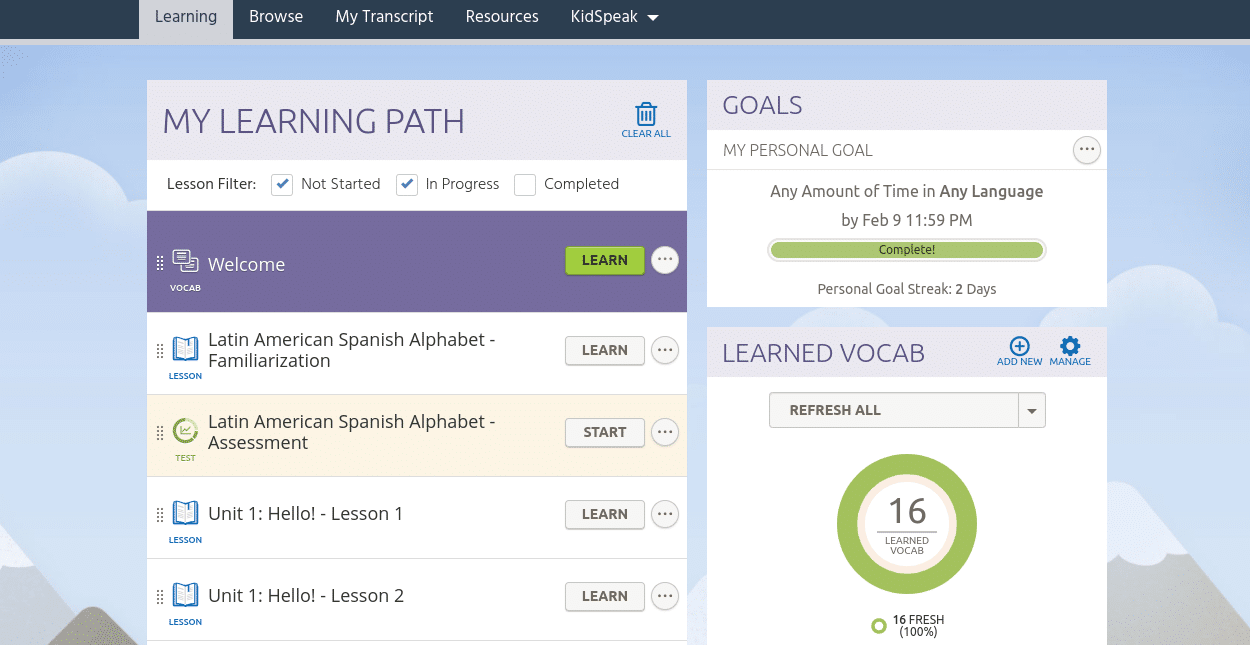 The My Learning Path dashboard on Transparent Language