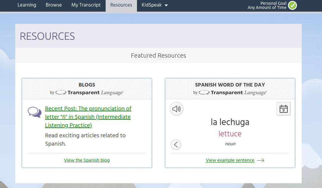 The Resources page on Transparent Language