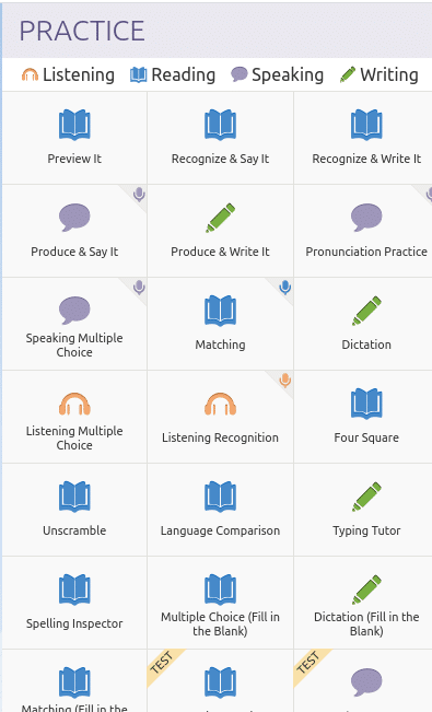 Various practice activities to choose from on Transparent Language