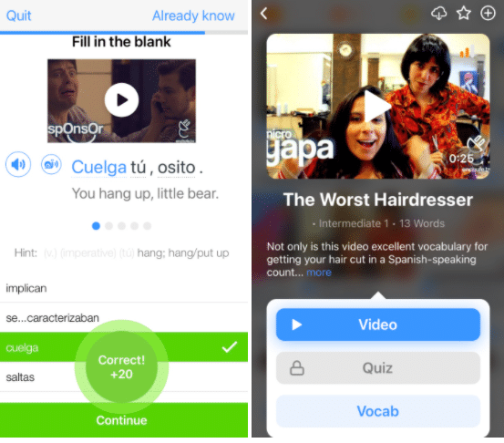 FluentU app screenshots of quiz feature